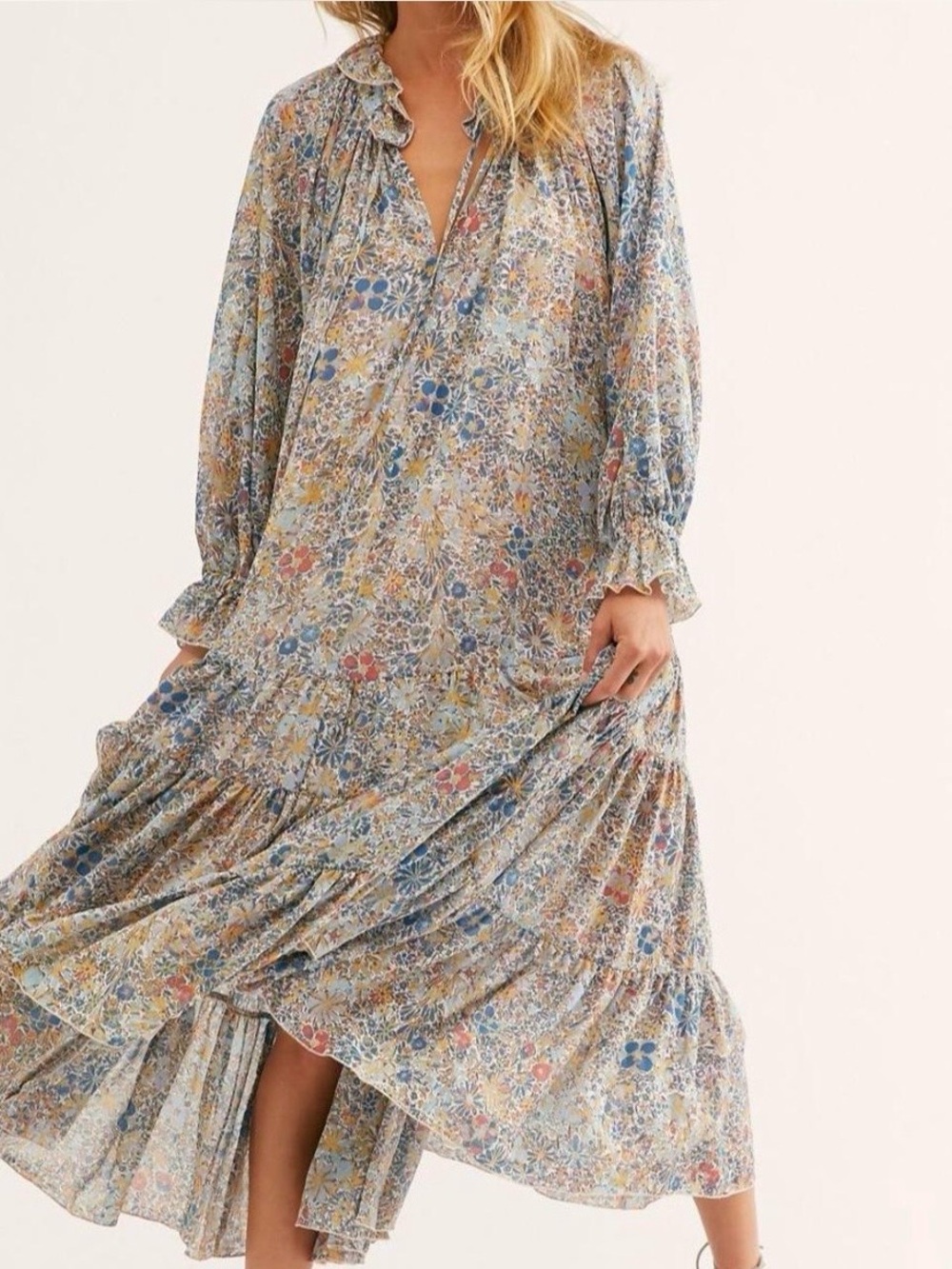 Free people, feeling groovy Sheer Floral Boho Maxi | Long Sleeve Ruffle | Medium